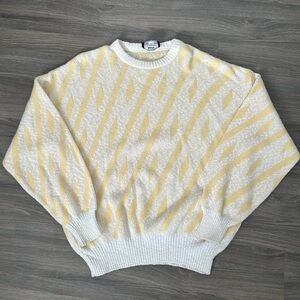 Sears Men's Cream and Yellow 80s Style Geometric Patterned 3D Crewneck Sweater